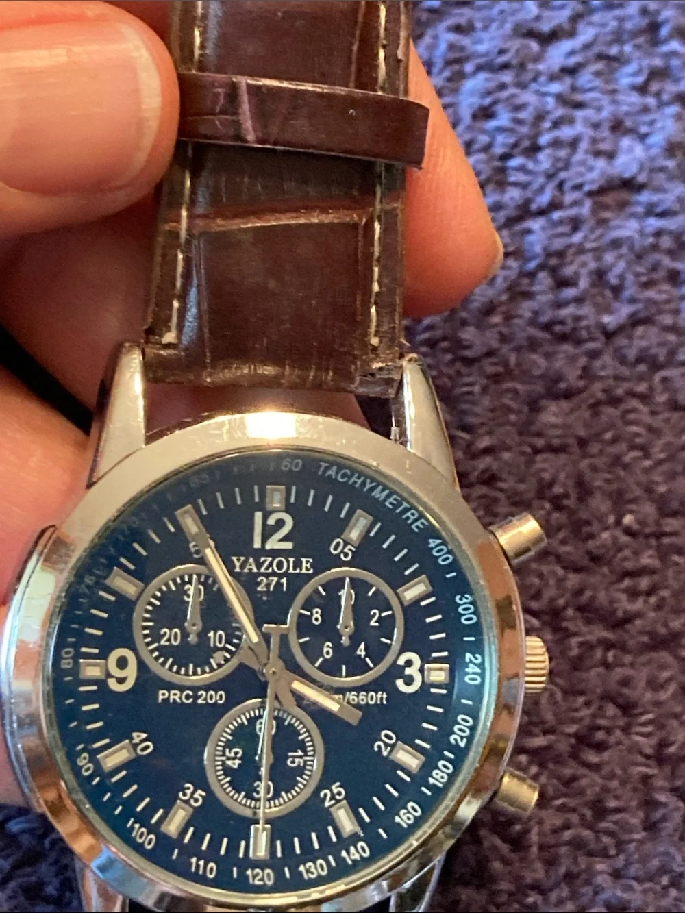 Men's Brown Leather Strap Chronograph Look Watch - Blue Dial Runs Perfectly
